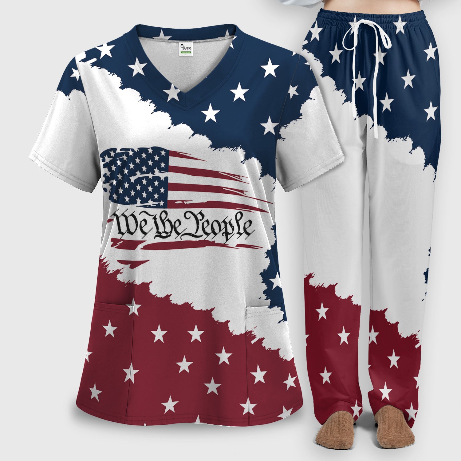 We Be People Flag Pattern Scrub Set, Scrub Pants and V Neck Top
