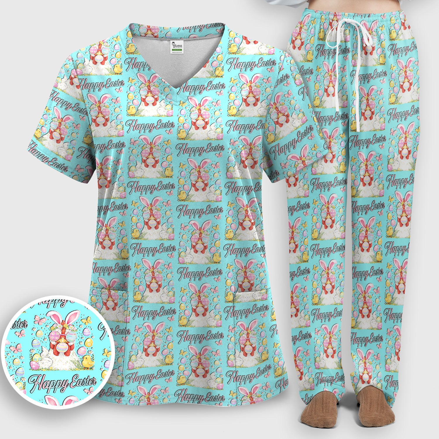 Happy Easter Bunny Eggs Pattern Scrub Set, Scrub Pants and V Neck Top