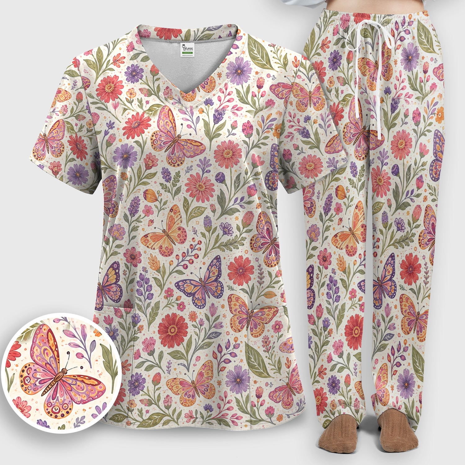 Floral Butterfly Pediatric Nurse Pattern Scrub Set, Scrub Pants and V Neck Top