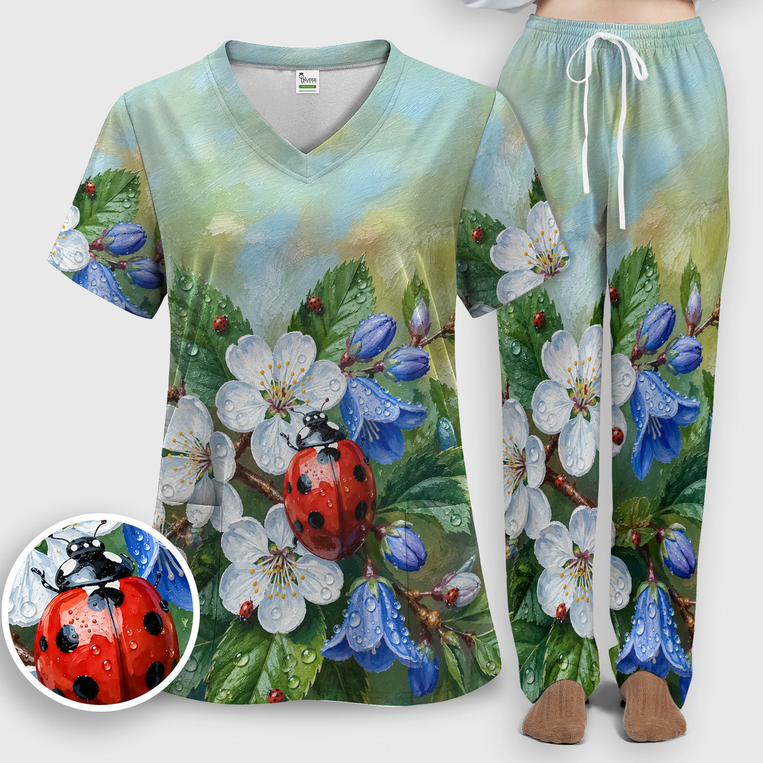 Cute Ladybug Blossom Garden Pattern Scrub Set, Scrub Pants and V Neck Top