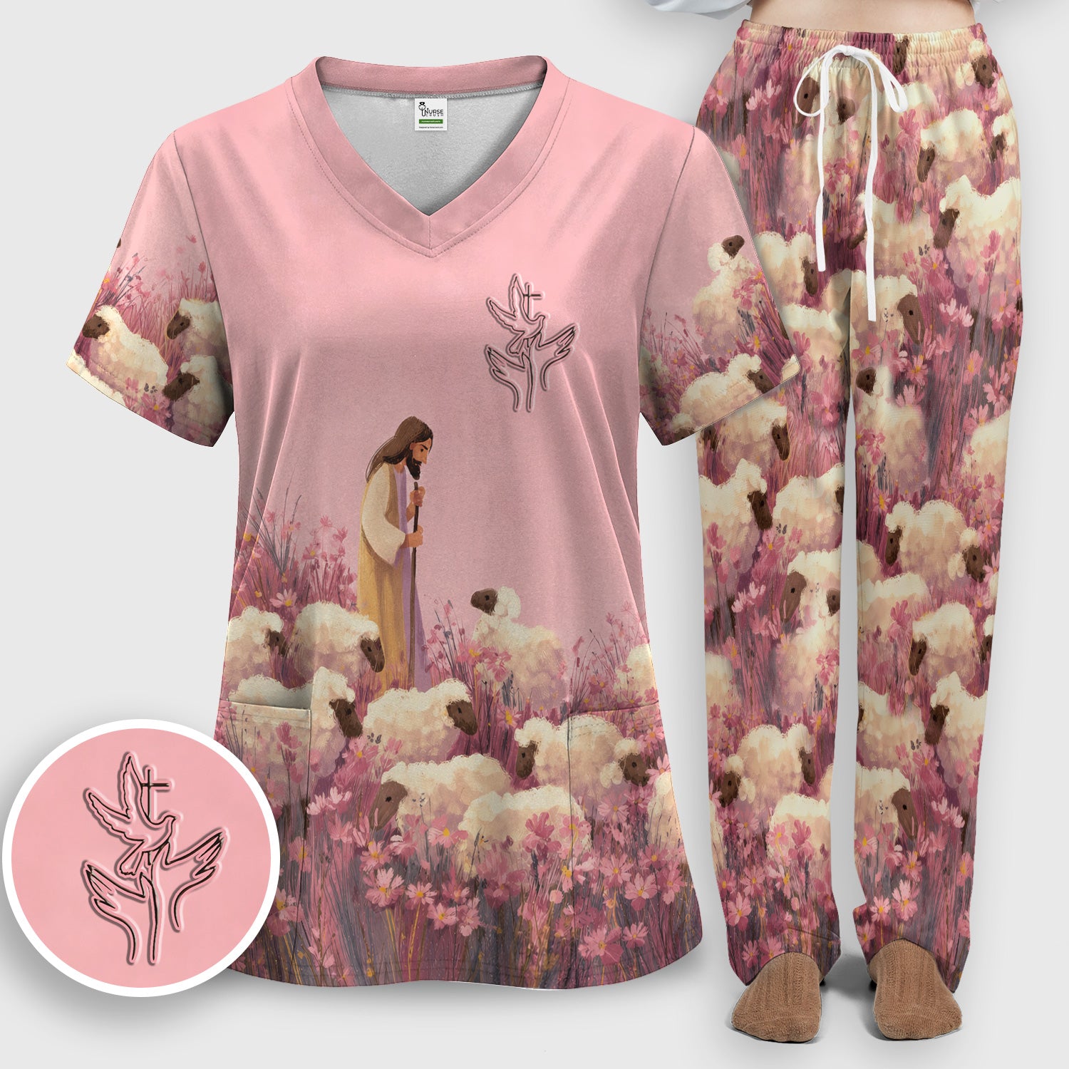 Christian Shepherd With Lambs Pattern Scrub Set, Scrub Pants and V Neck Top