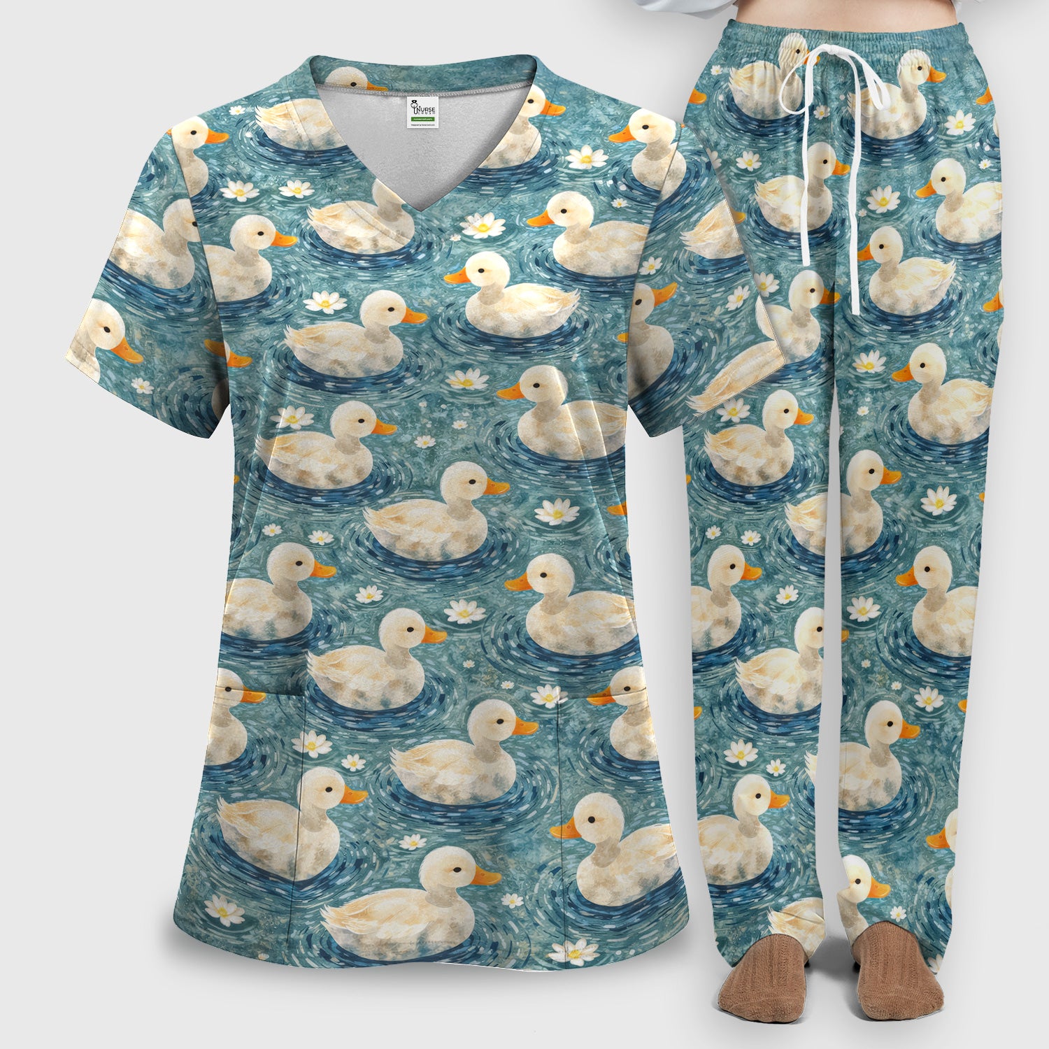 Charming Duck Pond Scrub Set, Peaceful Waterfowl Print Nursing Uniform, Scrub Pants and V Neck Top