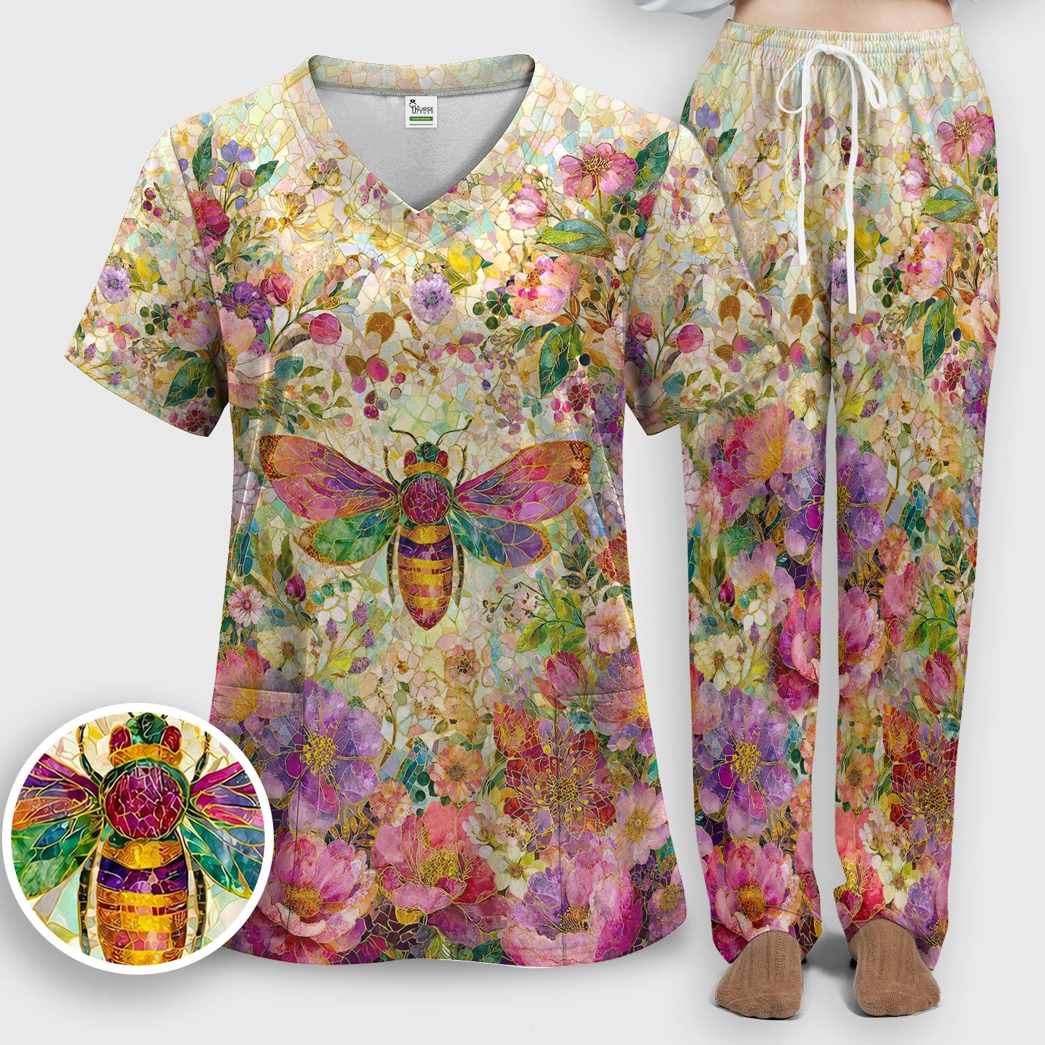 Vibrant Mosaic Bee Nurse for RN, CNA, Floral Garden Medical Scrub Set, Scrub Pants and V Neck Top
