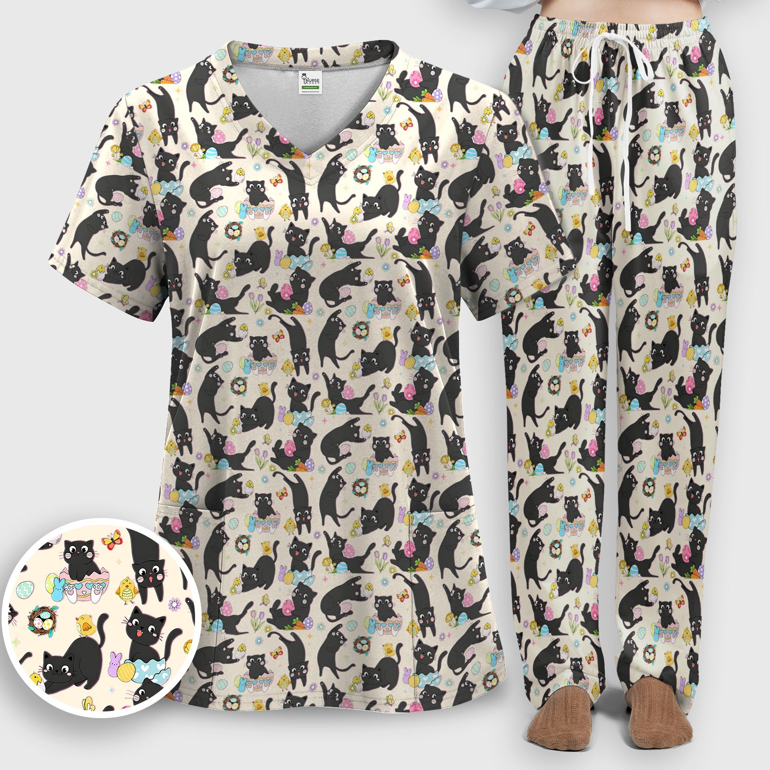 Playful Black Cat Easter Egg Pattern Scrub Set, Scrub Pants and V Neck Top