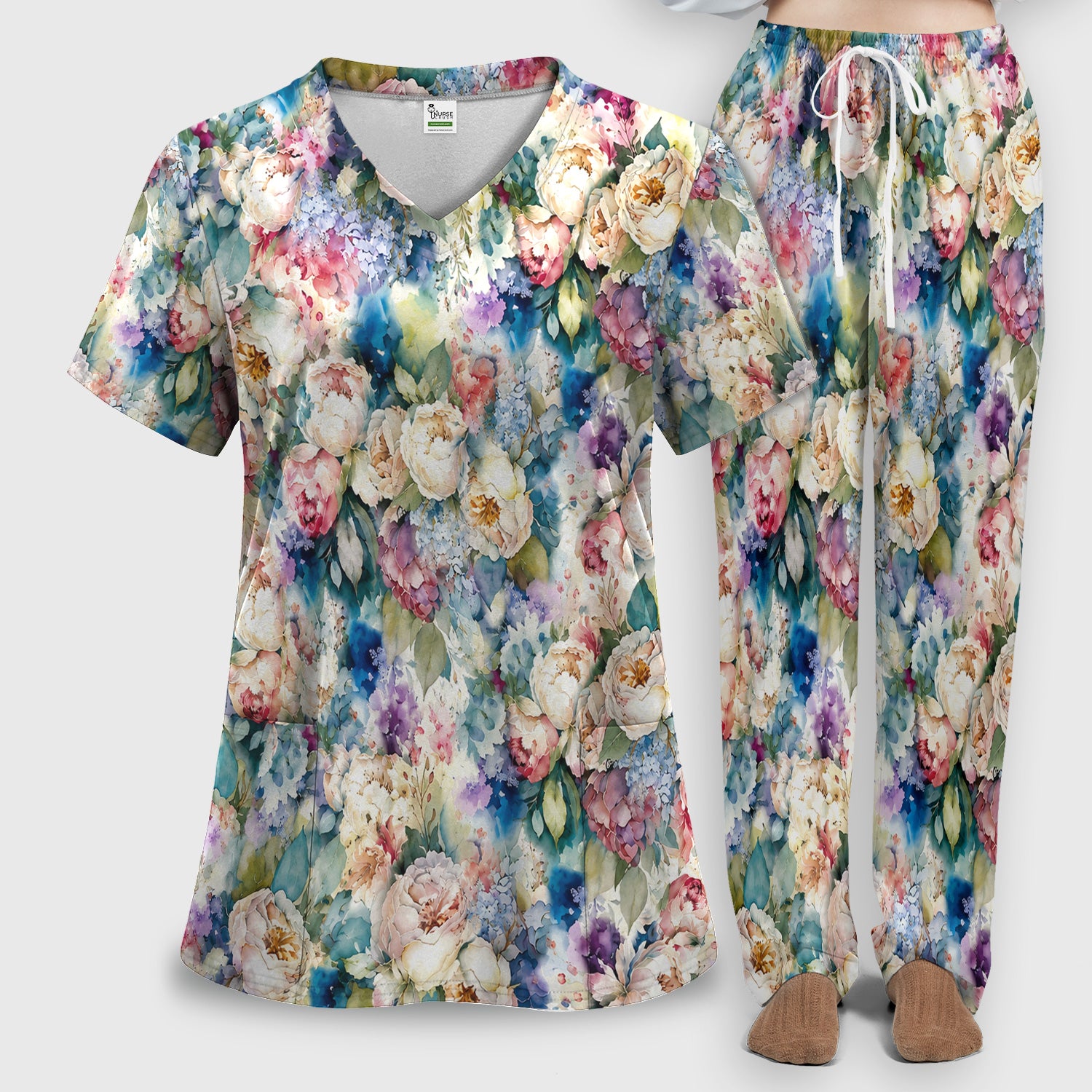 Watercolor Peony Hydrangea Floral Print Scrub Set, Scrub Pants and V Neck Top