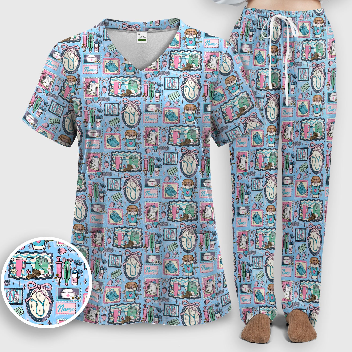 Medical Tools Stethoscope Syringe Frame Scrub Top, Breathable Fabrics Nursing Uniform