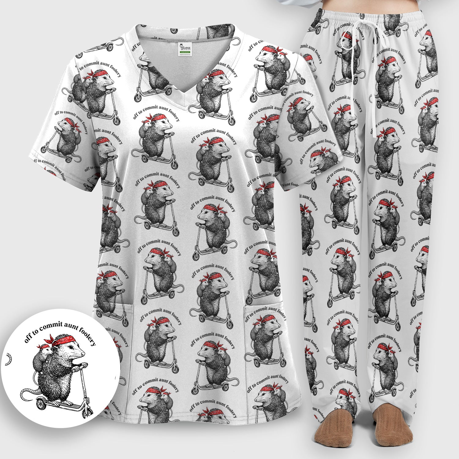 Aunt Foolery Opossum Pattern Scrub Set, Scrub Pants and V Neck Top