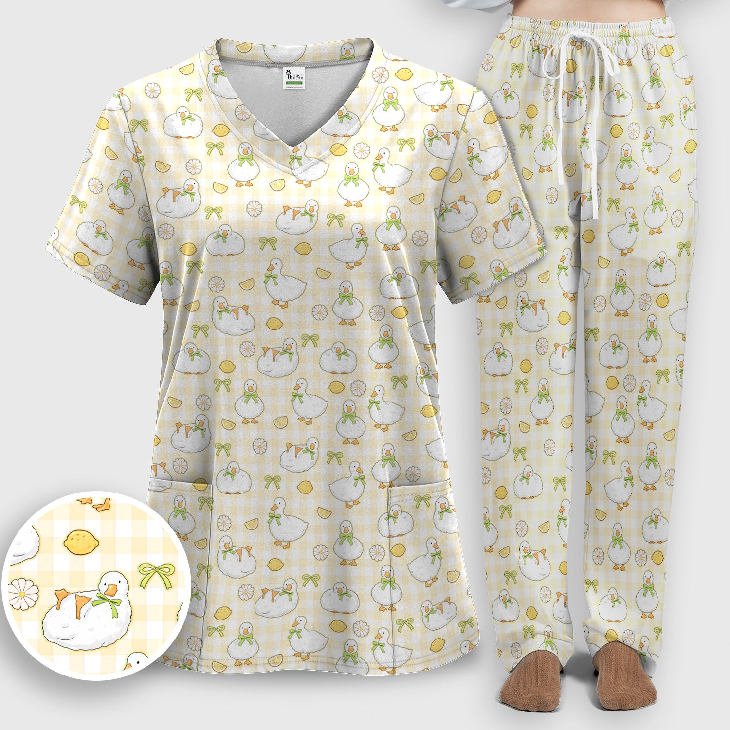 Adorable Ducks Lemon Daisy Pattern Scrubs Sets, Scrub Pants and V Neck Top