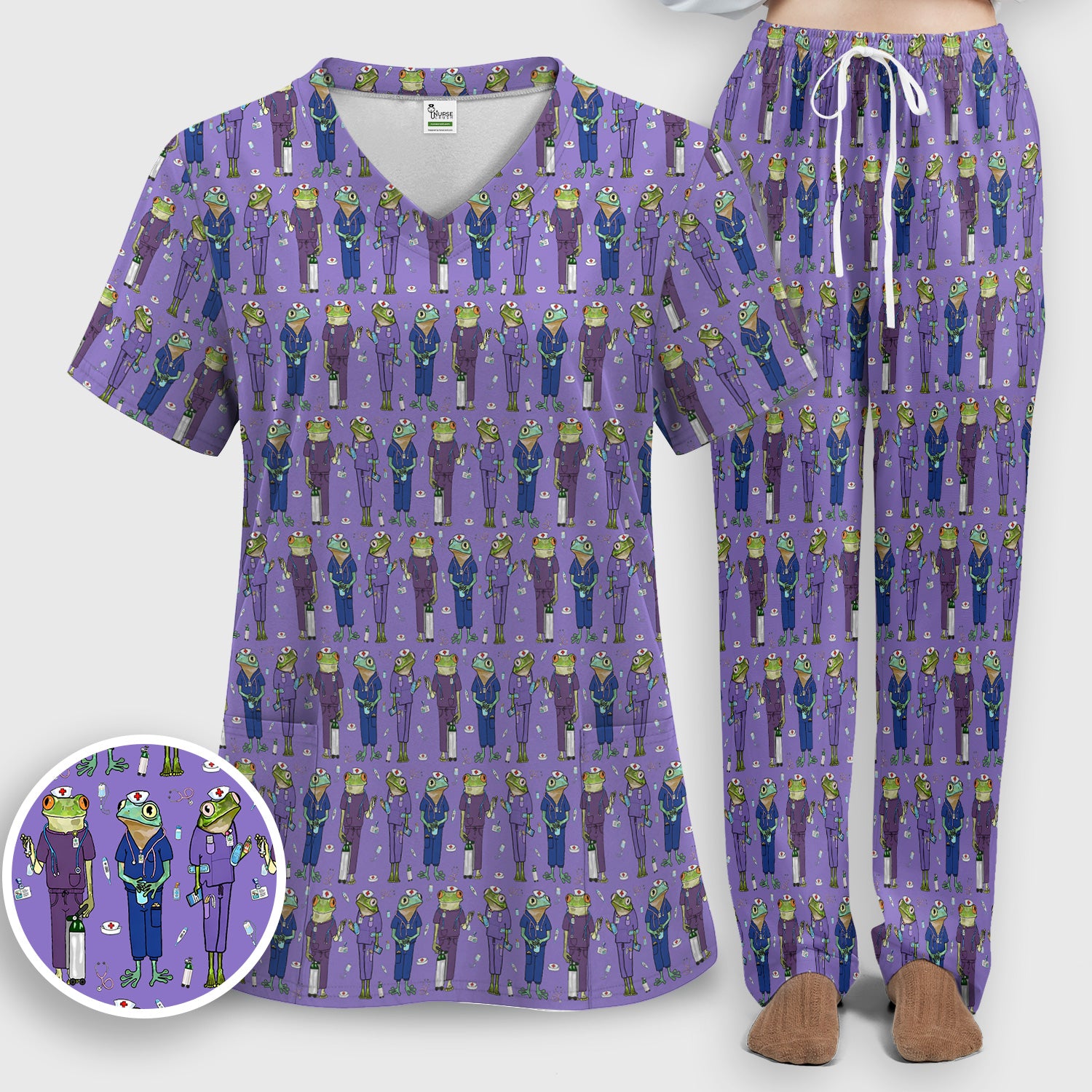 Frog Nurse Pattern V Neck Medical Scrub Set for Healthcare Workers