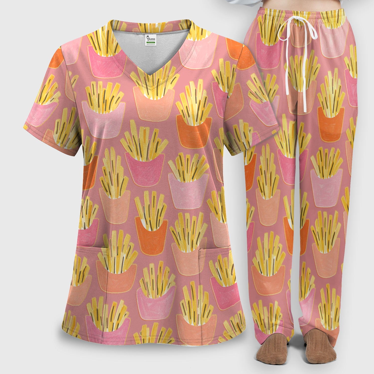 Funny French Fries Snack Food Pattern Scrub Set, Breathable Med Uniform