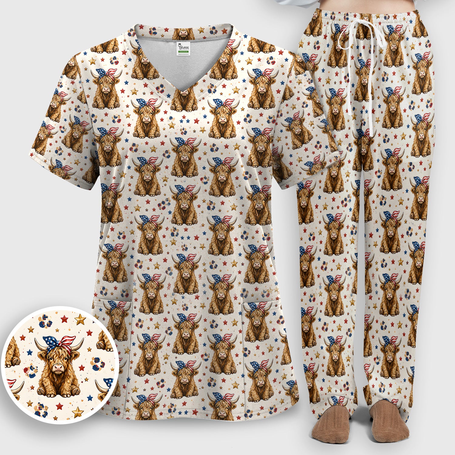 Patriotic Highland Cow Nurse for RN & CNA, Americana Farm Animal Healthcare Workers Medical Uniform Scrub Set, Scrub Pants and V Neck Top