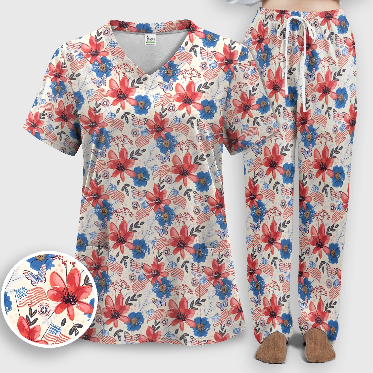 Patriotic Wildflower Flag Butterfly Pattern Scrub Set, Scrub Pants and V Neck Top