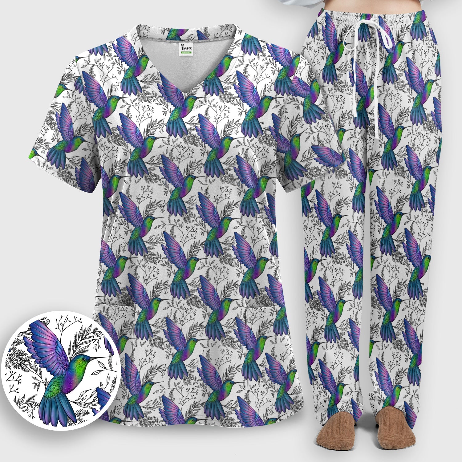 Colorful Hummingbird Flying Botanical Pattern Scrub Set, Scrub Pants and V Neck Top