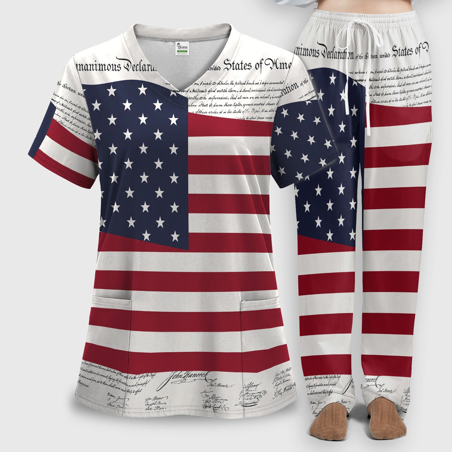 Patriotic Nurse American Flag Pattern Scrub Set, Scrub Pants and V Neck Top