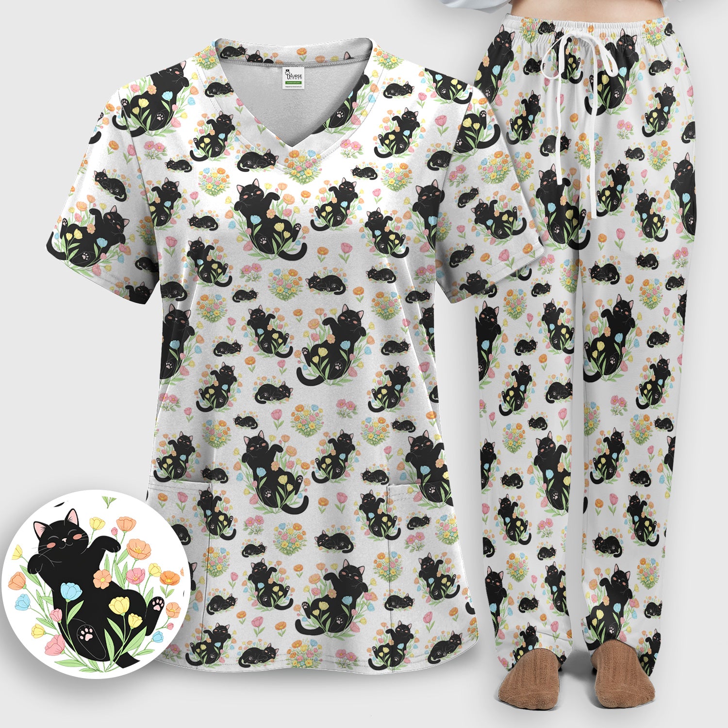 Cats With Cute Poses Floral Pattern Scrubs Sets, Scrub Pants and V Neck Top