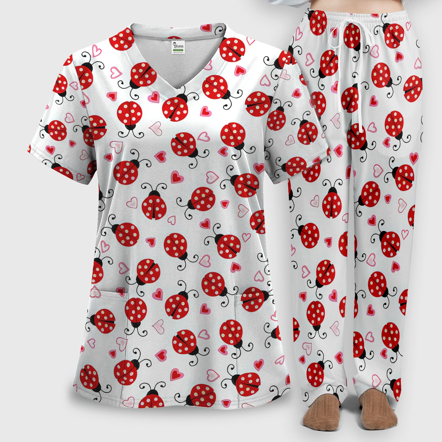 Cute Ladybug Heart Love Pattern Scrub Set, Scrub Pants and V Neck Top