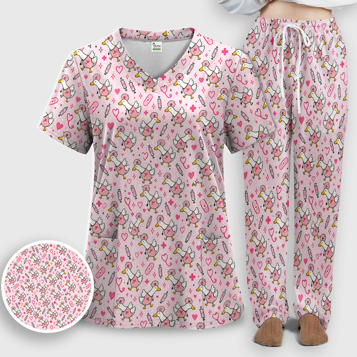 Pink Nurse Goose And Hearts Scrub Set, Scrub Pants and V Neck Top