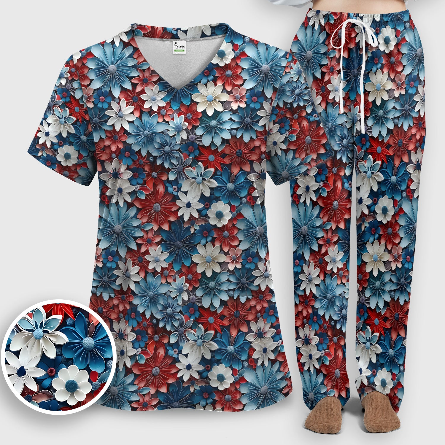 Patriotic 3D Floral Nurse for RN & CNA, Red Blue White Healthcare Workers Uniform Scrub Set, Scrub Pants and V Neck Top