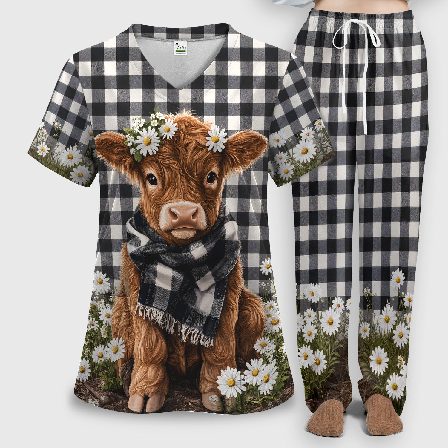 Highland Cow Daisy Pattern Scrub Set, Scrub Pants and V Neck Top