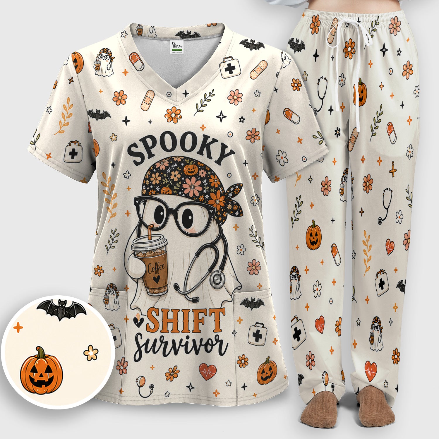 Halloween Shift Survivor Ghost Scrub Set, Scrub Pants and V Neck Top