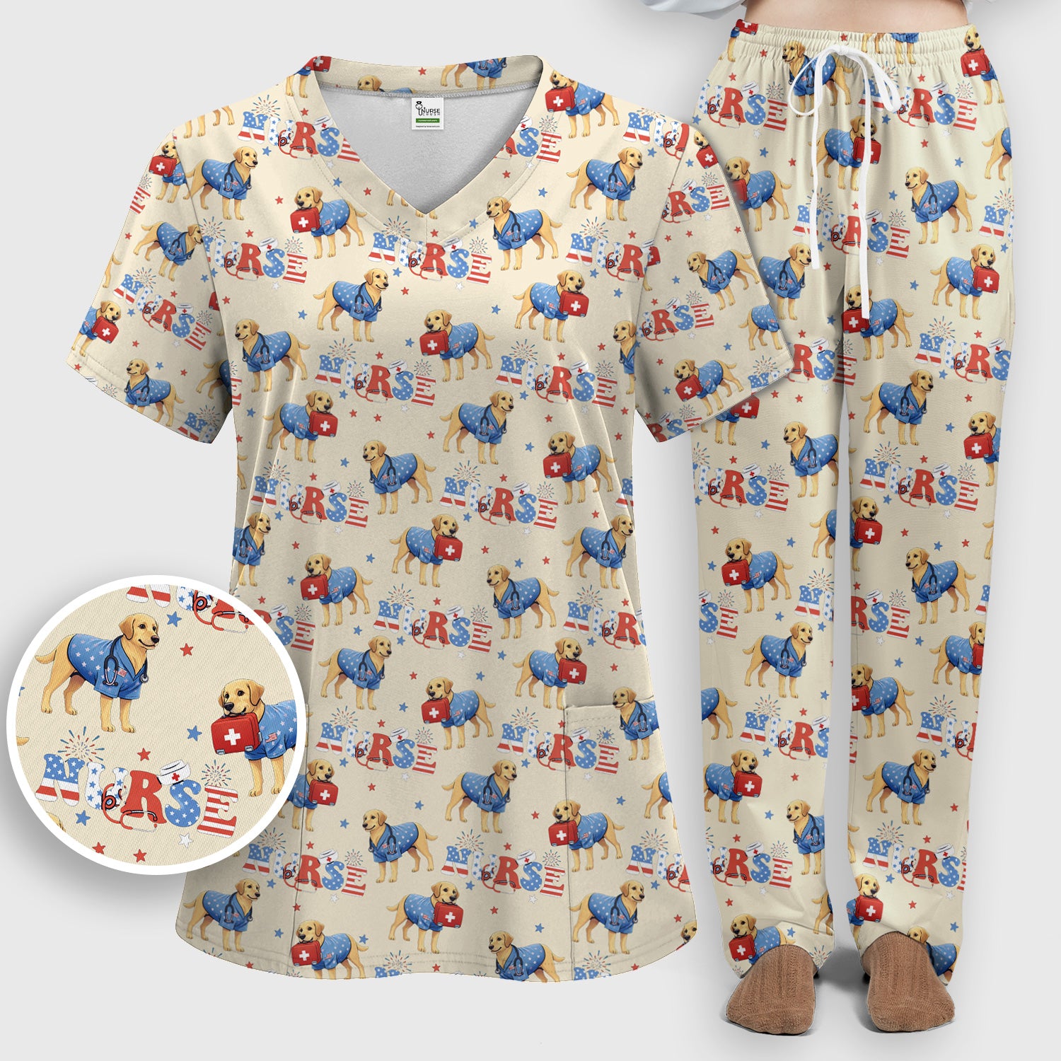 Patriotic Nurse Dog Medical Pattern Pattern Scrub Set, Women's Scrub Sets
