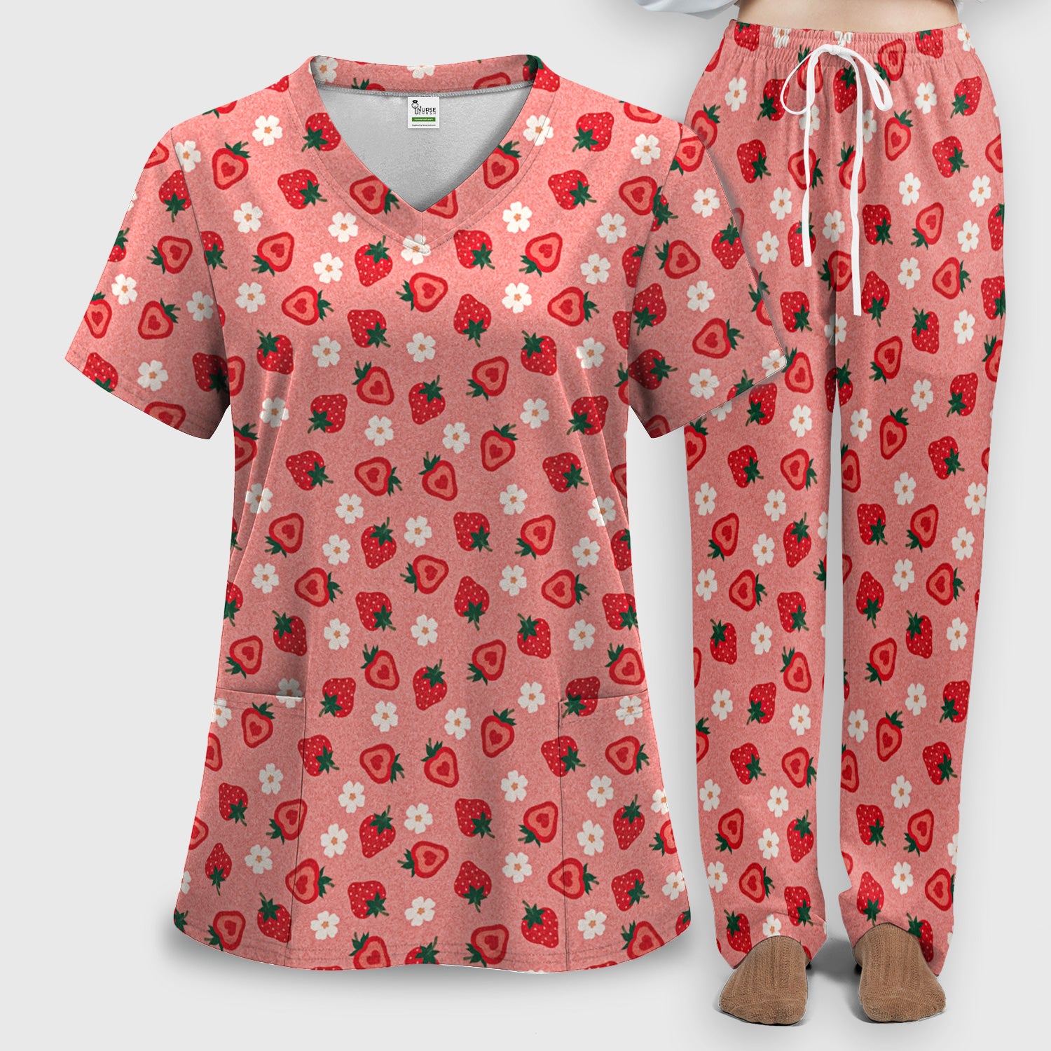 Sweet Strawberry Blossom Print Scrub Set, Women's Scrub Sets