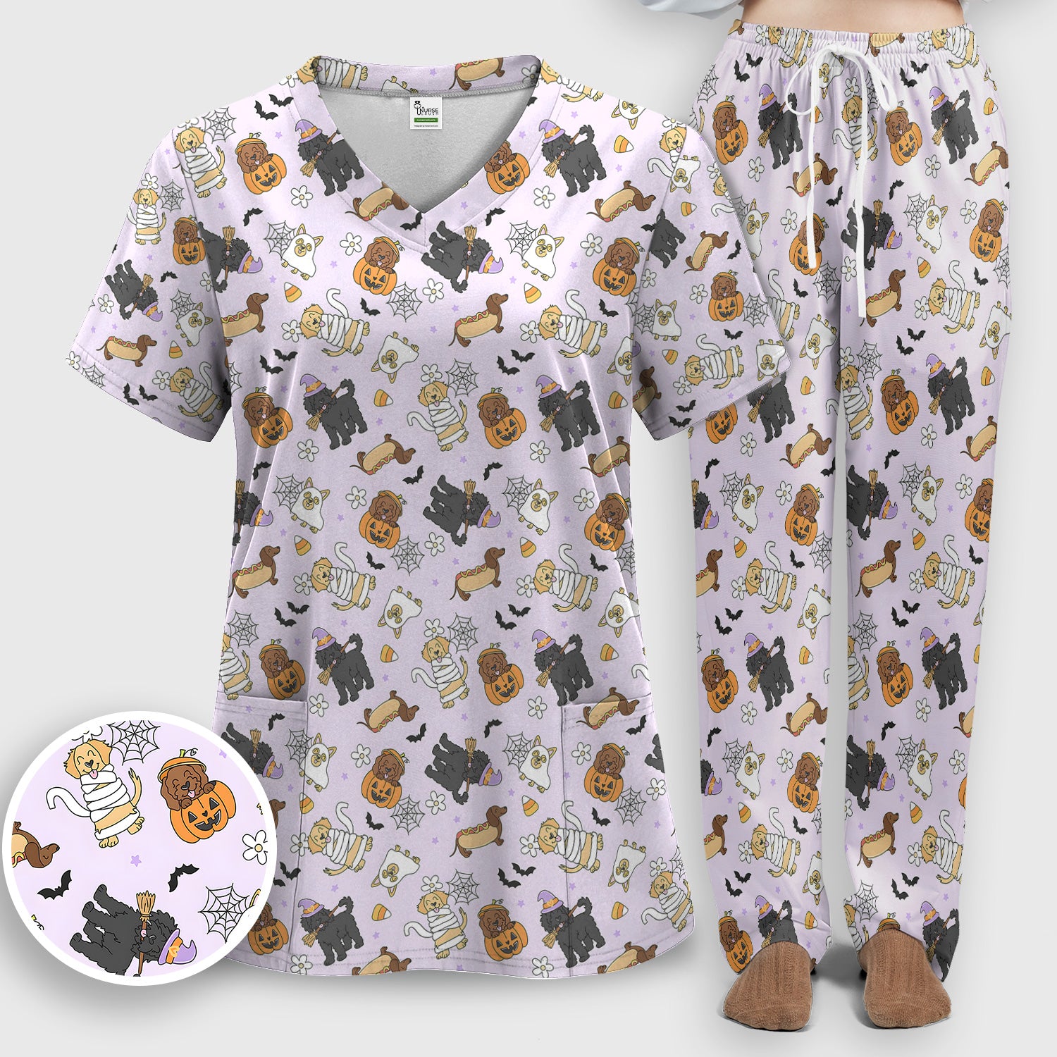 Cute Halloween Costumed Pets Scrub Set, Scrub Pants and V Neck Top