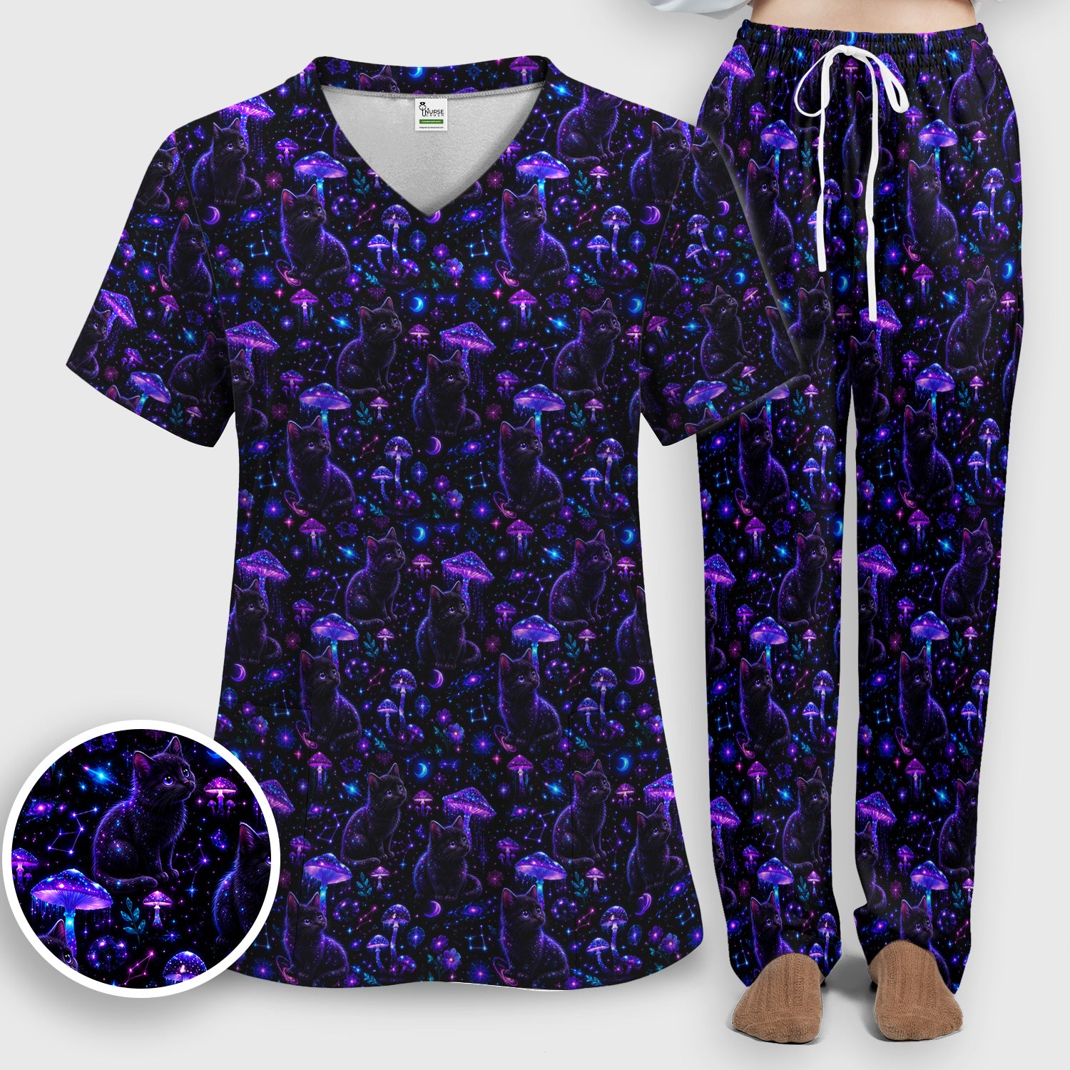 Mystical Black Cat Neon Mushroom Print Scrub Set, Scrub Pants and V Neck Top