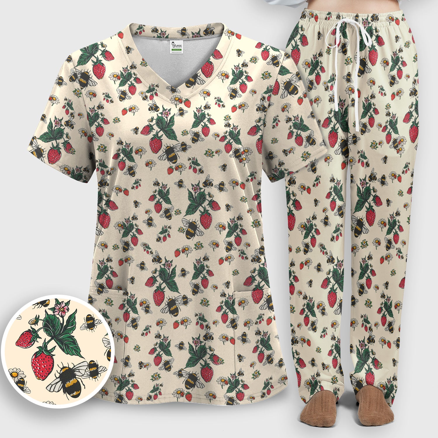 Cute Strawberry Bee Daisy Floral Pattern Scrub Set, Scrub Pants and V Neck Top
