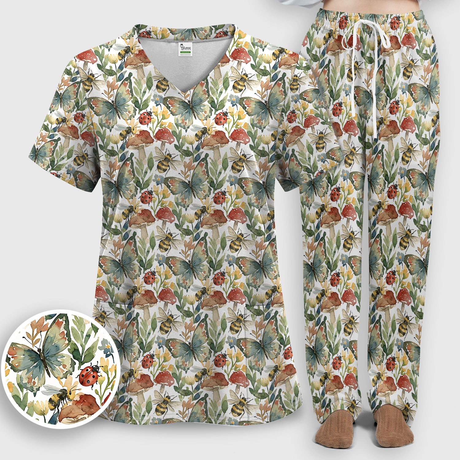 Butterfly Bee With Floral Mushroom Scrub Set, Scrub Pants and V Neck Top