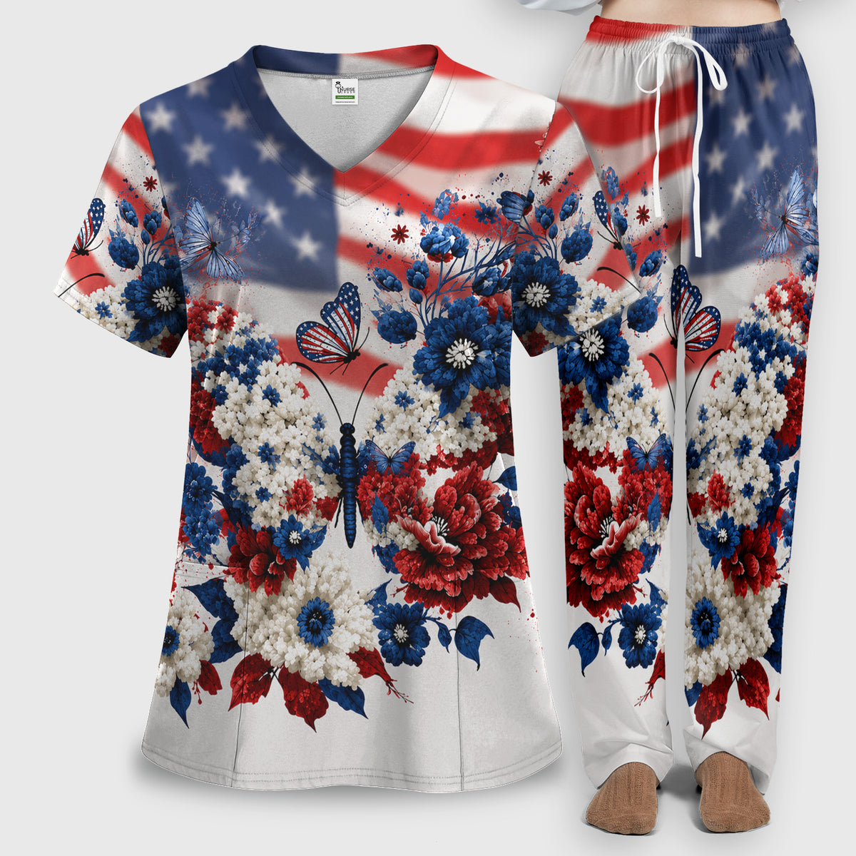 Patriotic Butterfly with Floral Print Scrub Set, Scrub Pants and V Neck Top