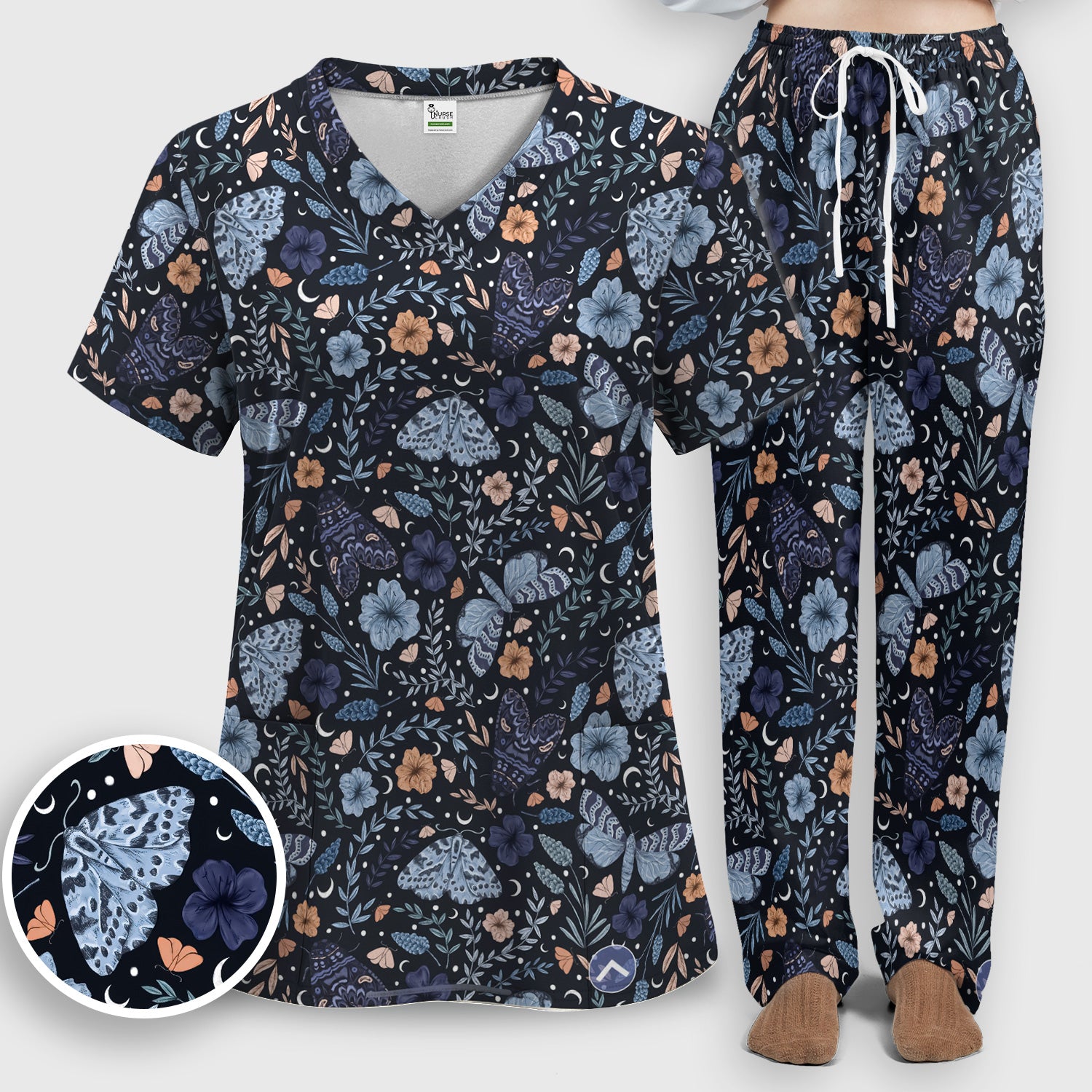 Charming Night Moth Butterfly Floral Pattern Scrub Set, Scrub Pants and V Neck Top