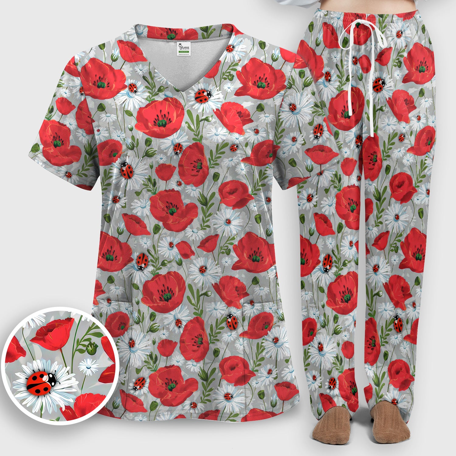 Cute Red Poppy Daisy Ladybug Floral Print Scrub Set, Scrub Pants and V Neck Top