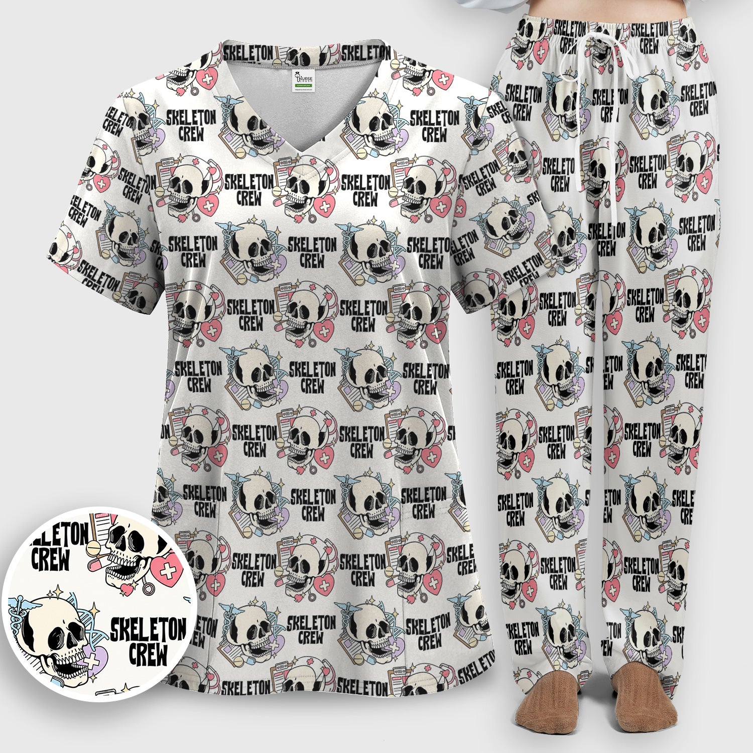 Funny Halloween Skeleton Crew Scrub Set, Scrub Pants and V Neck Top