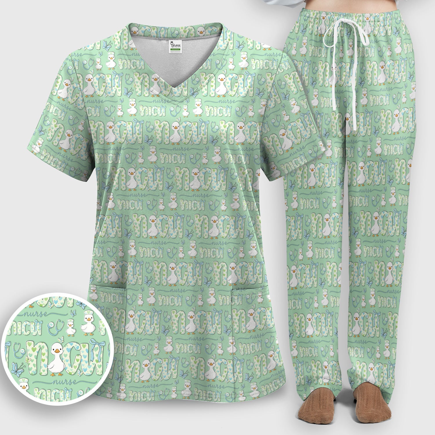 NICU Nurse Duck Pattern Scrub Set, Scrub Pants and V Neck Top