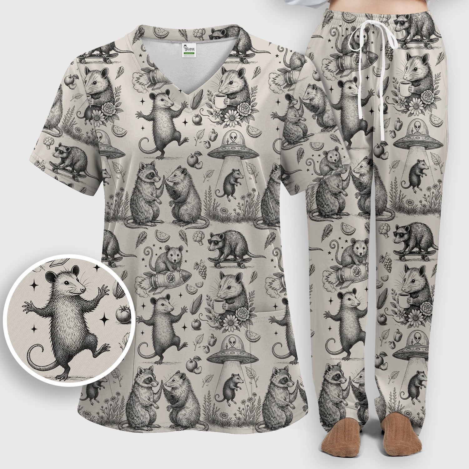 Funny Nurse Vintage Possum Raccoon High Five UFO Pattern Scrub Set, Scrub Pants and V Neck Top