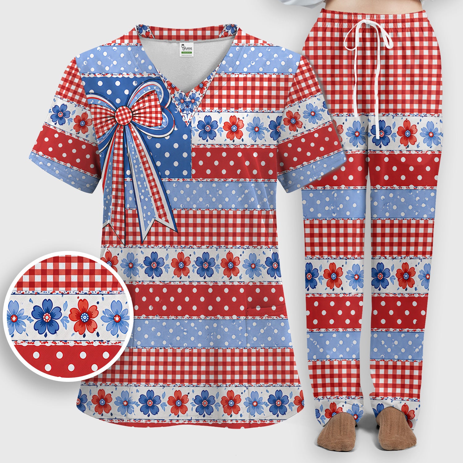 Patriotic Gingham Bow Floral Pattern Scrub Set, Scrub Pants and V Neck Top