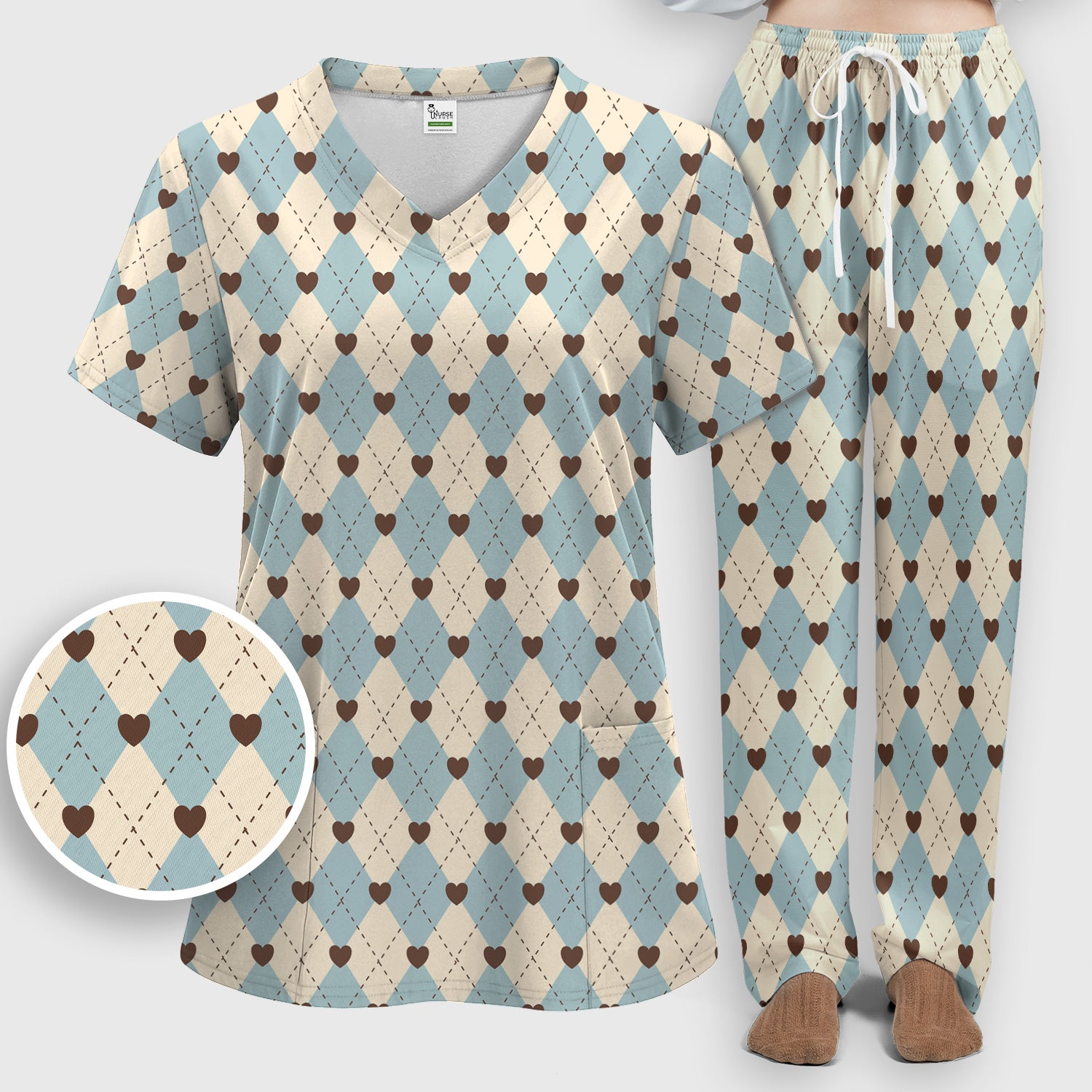 Plaid Heart Pattern Scrubs Sets, Scrub Pants and V Neck Top