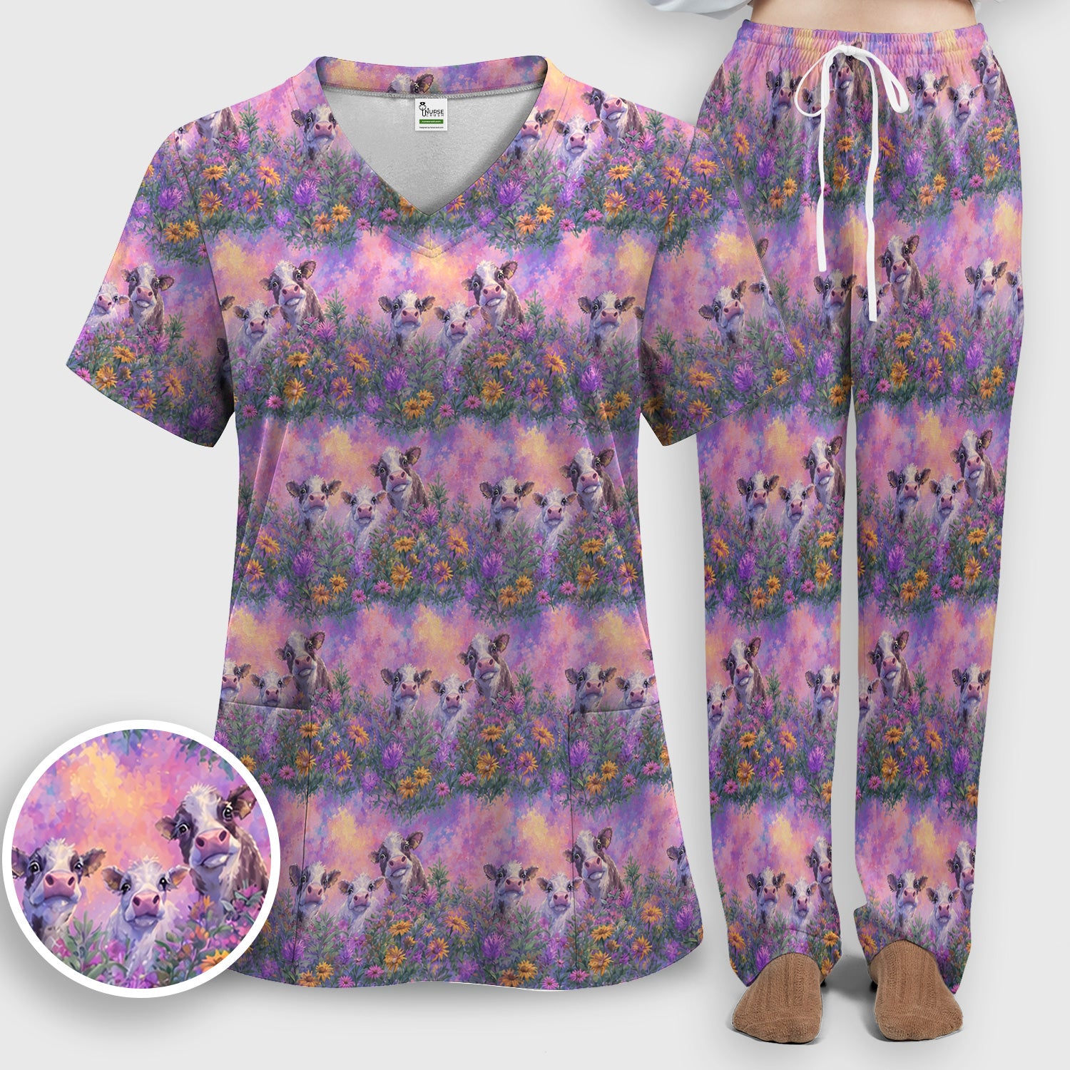 Pastel Cow Meadow Flower Pattern Scrub Set, Scrub Pants and V Neck Top