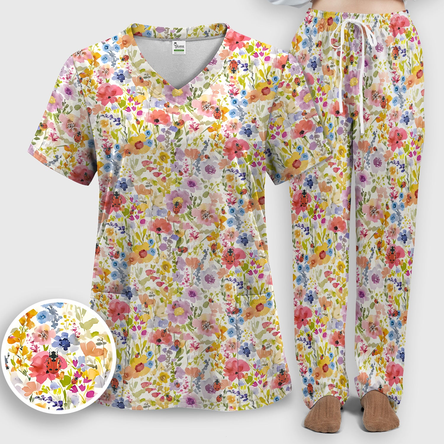 Cute Wildflower Ladybug Garden Pattern Scrub Set, Scrub Pants and V Neck Top