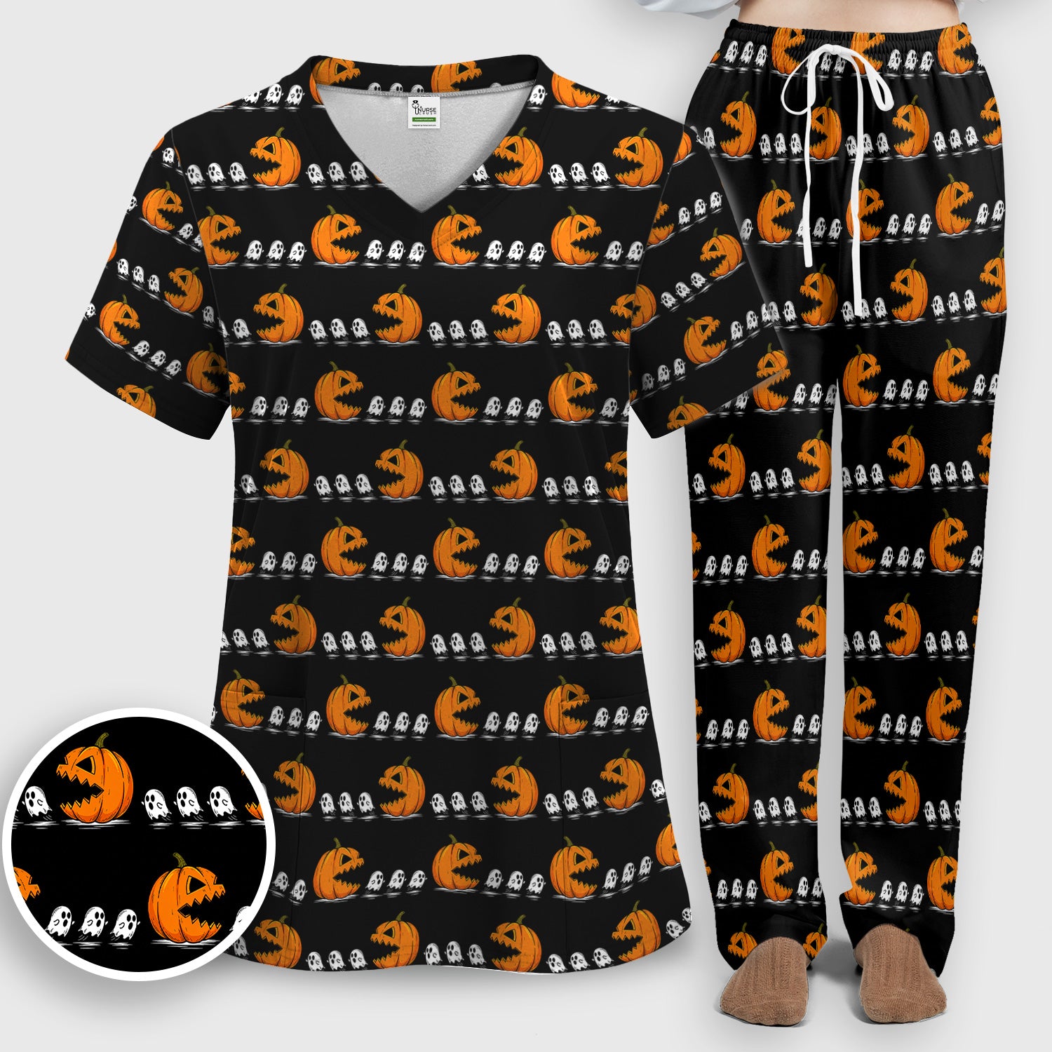 Spooky Halloween Pumpkin Ghost Scrub Set, Scrub Pants and V Neck Top