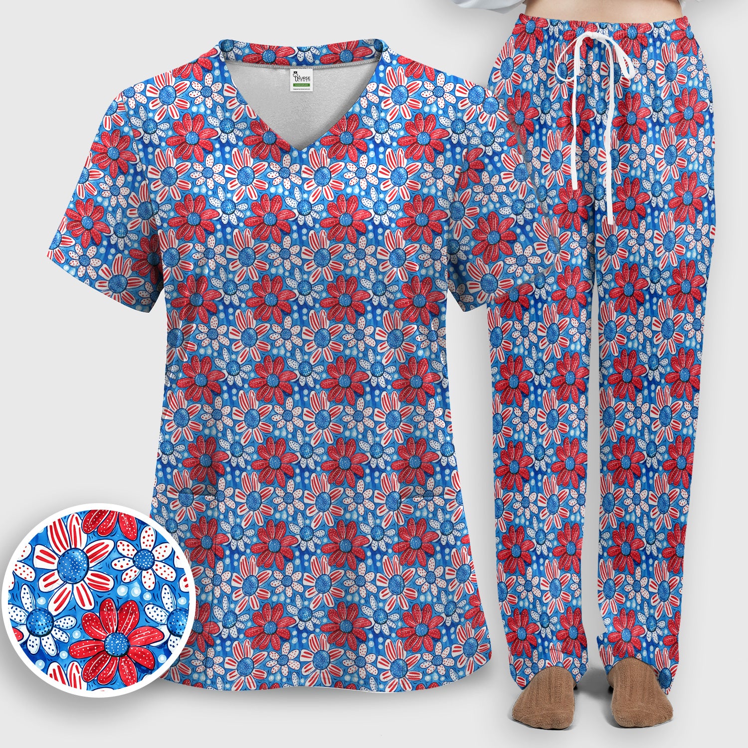 Cute Patriotic Daisy Blossom Repeat Pattern Scrub Set, Scrub Pants and V Neck Top