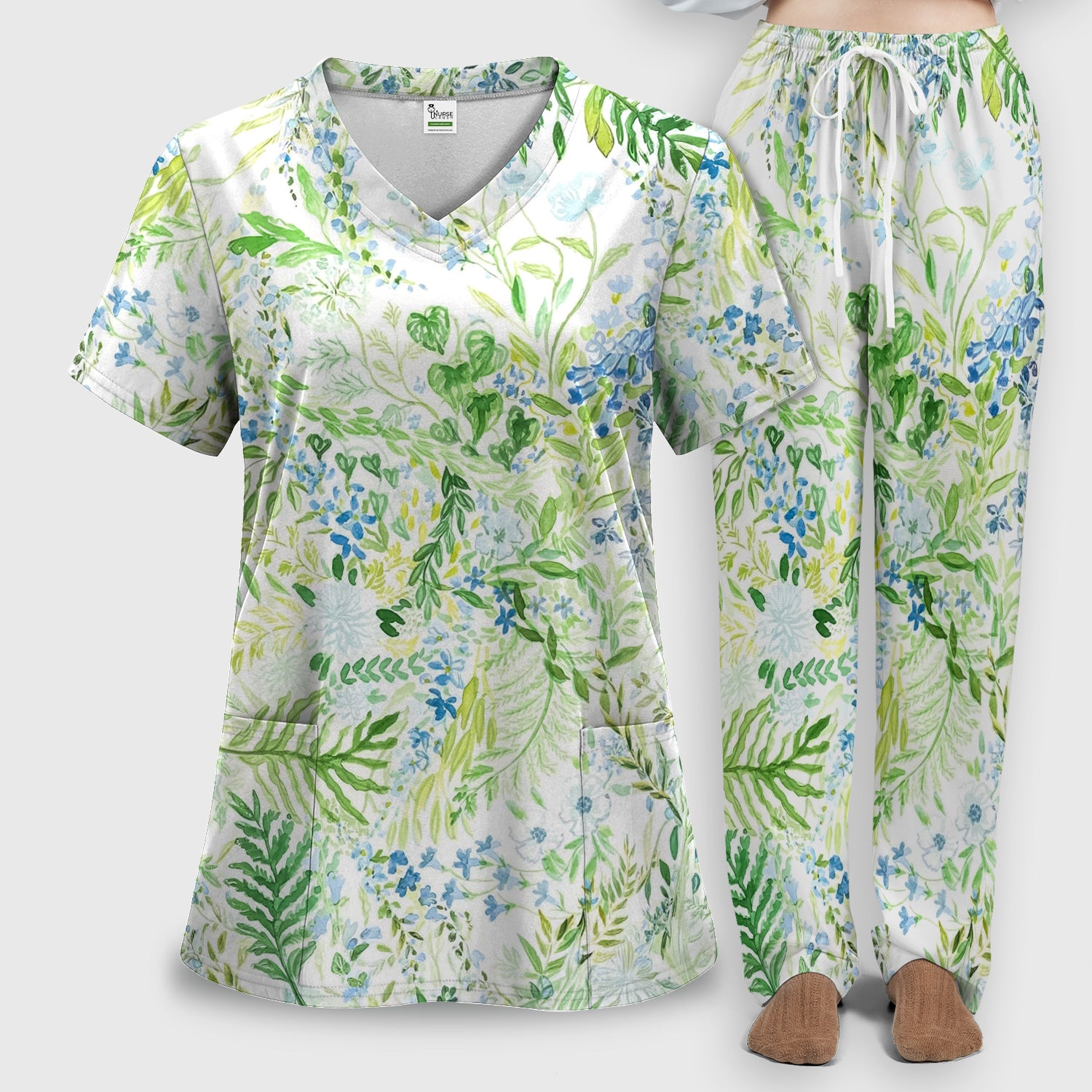 Green Botanical Floral Pattern Scrub Set, Scrub Pants and V Neck Top