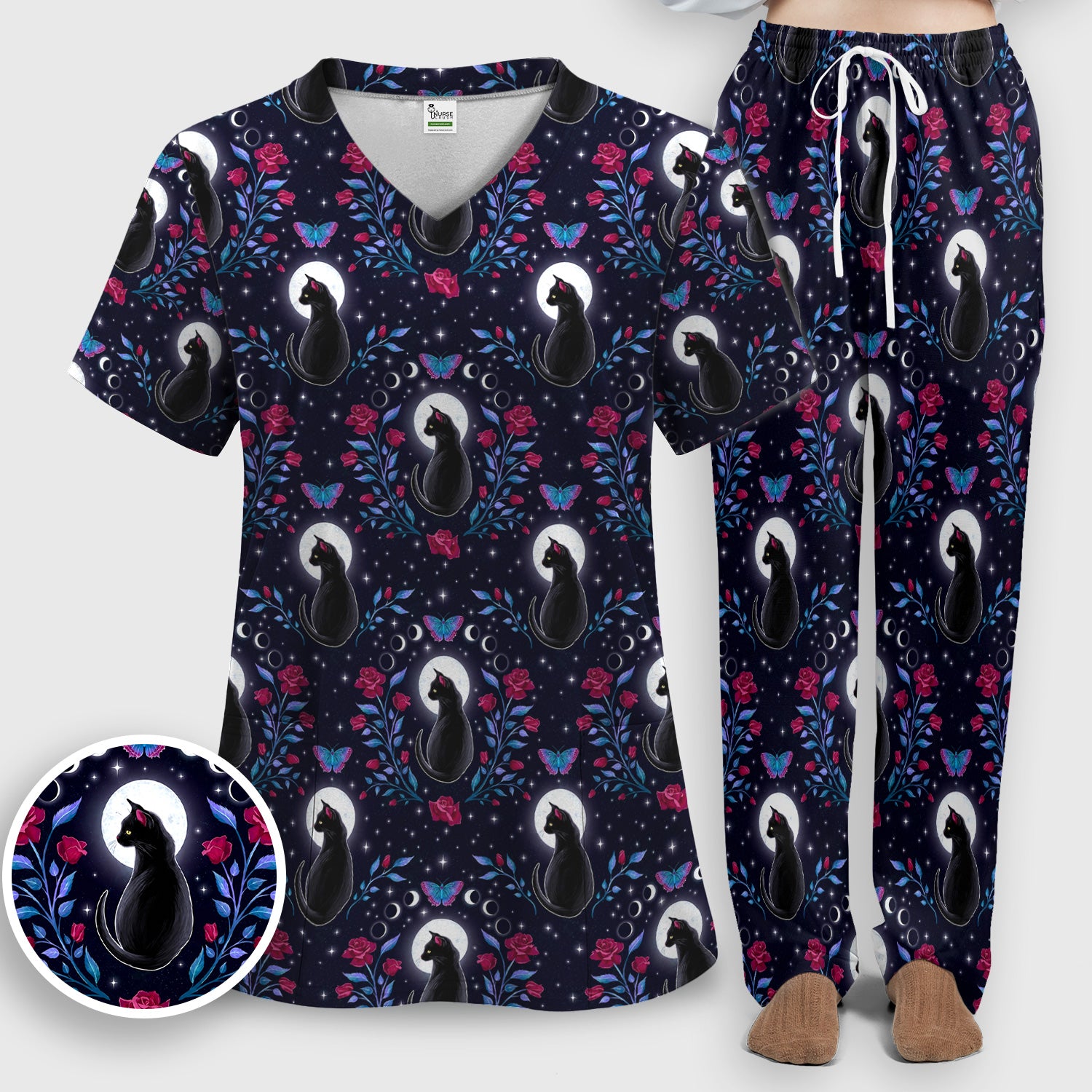 Black Cat Moon Rose Print Scrub Set, Scrub Pants and V Neck Top