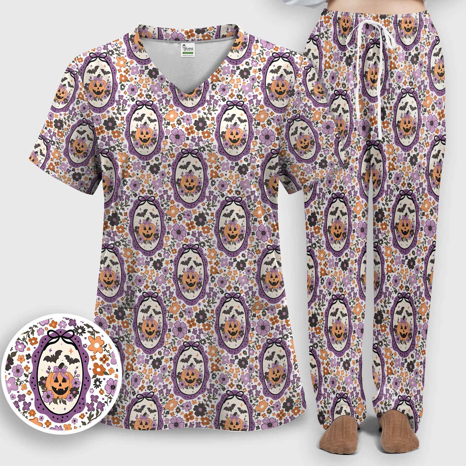 Halloween Pumpkin with Floral Print Scrub Set, Scrub Pants and V Neck Top