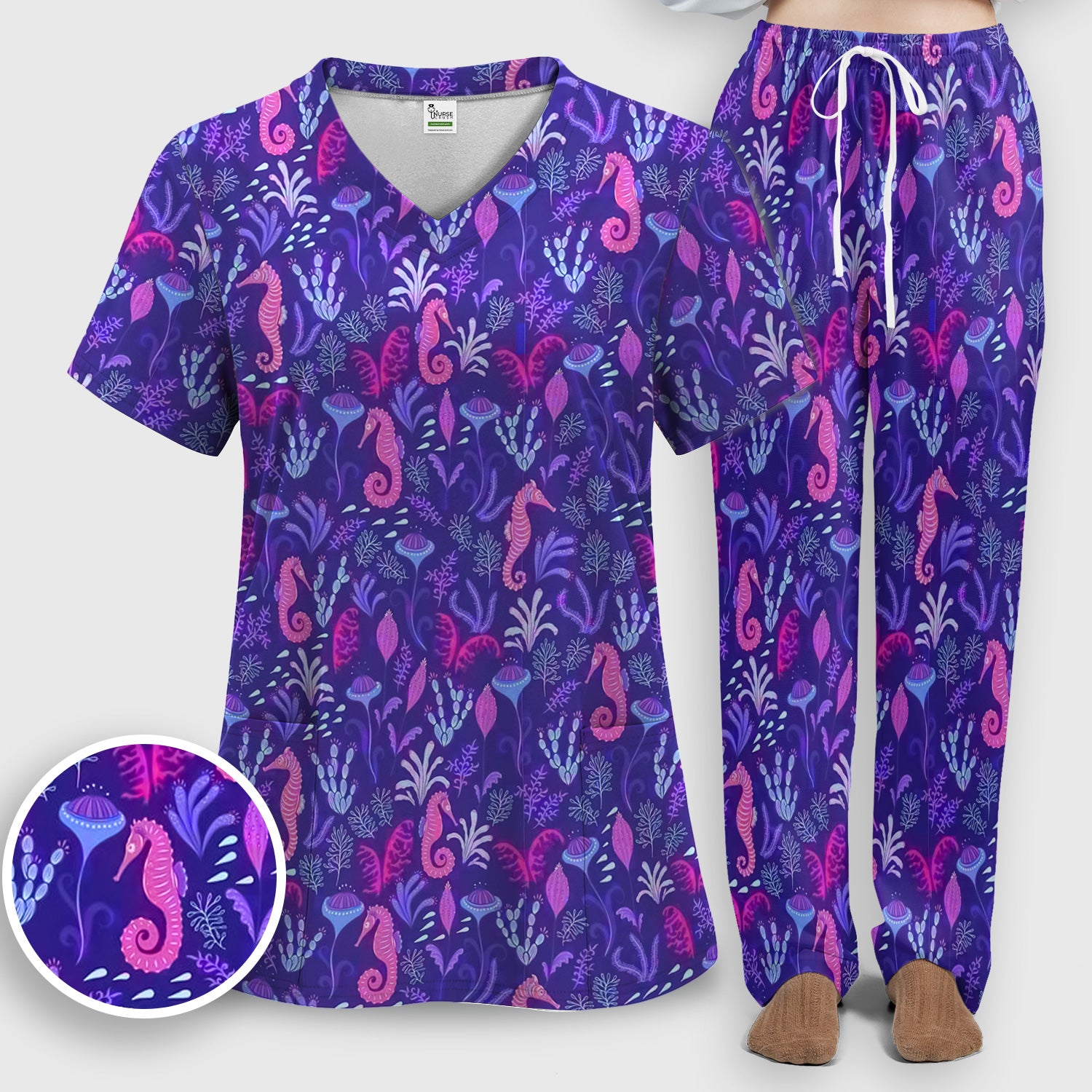 Purple Seahorse Ocean Scrub Set, Scrub Pants and V Neck Top