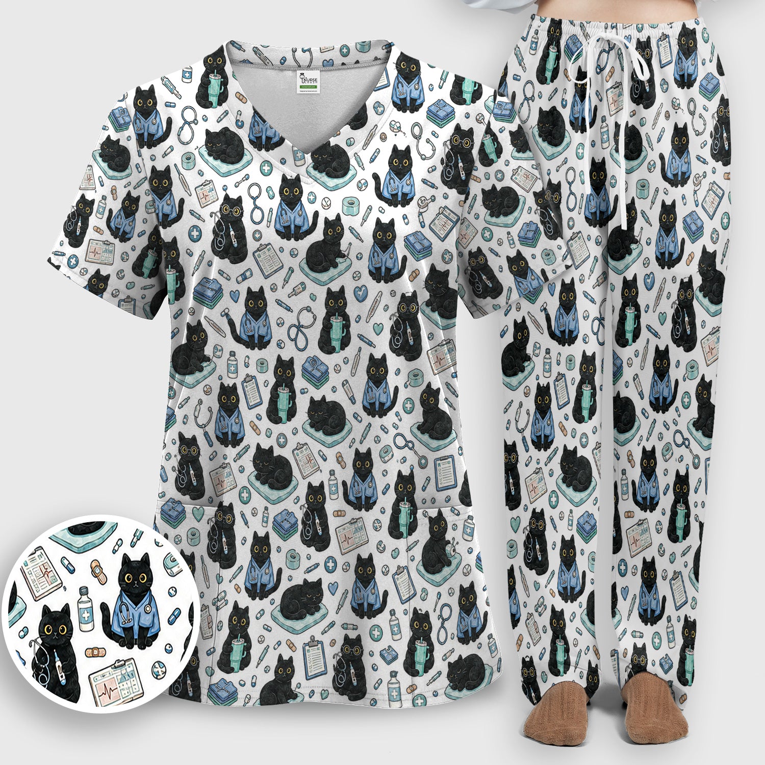 Black Cat Clinic Scrub Set, Scrub Pants and V Neck Top