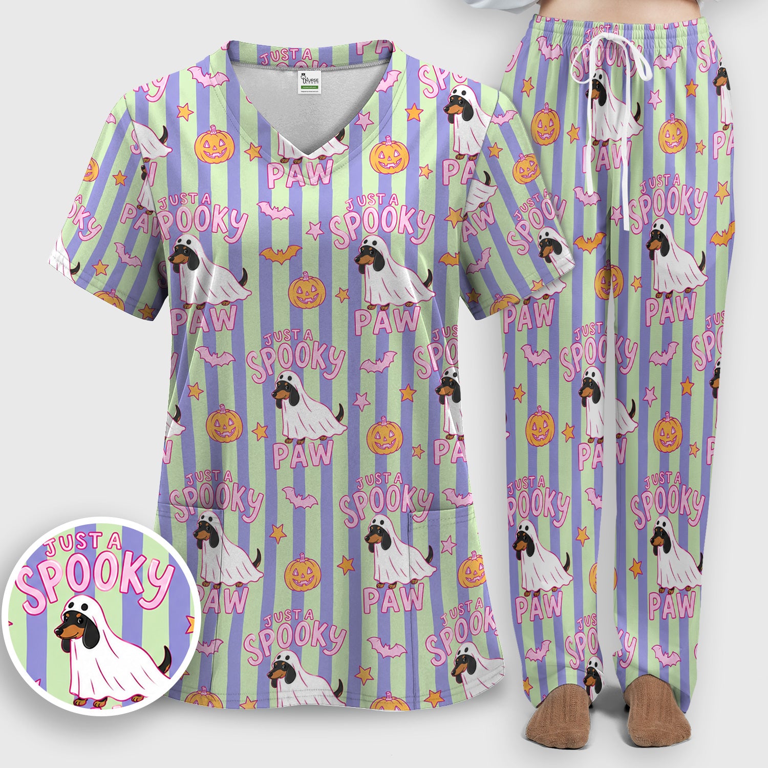 Just A Spooky Dachshund Paw Print Scrub Set, Scrub Pants and V Neck Top