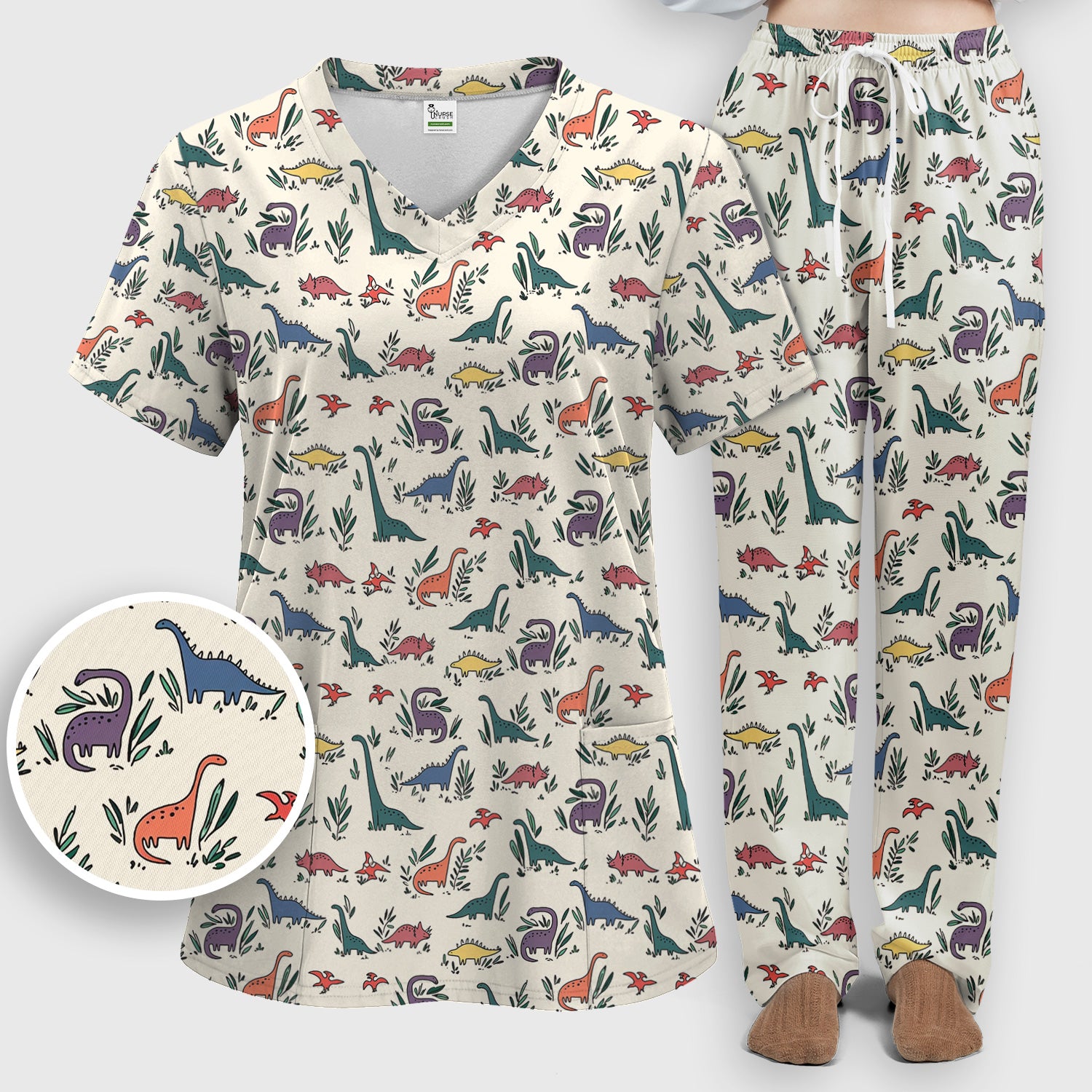 Cute Dinosaur Leafy Garden Pattern Scrub Set, Breathable Fabrics Nursing Uniform