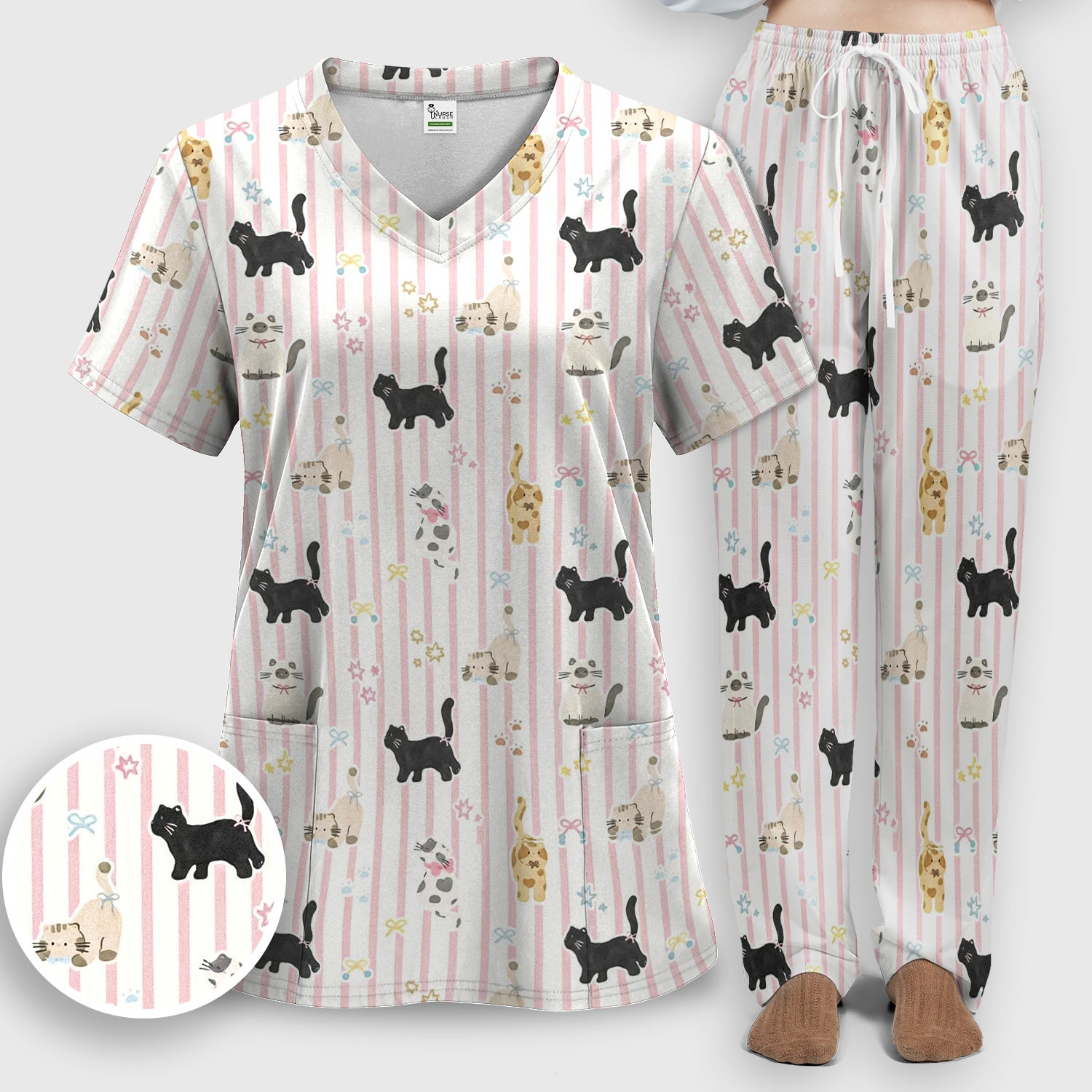 Cute Playful Cat Stripe Ribbon Pattern Scrub Set, Scrub Pants and V Neck Top